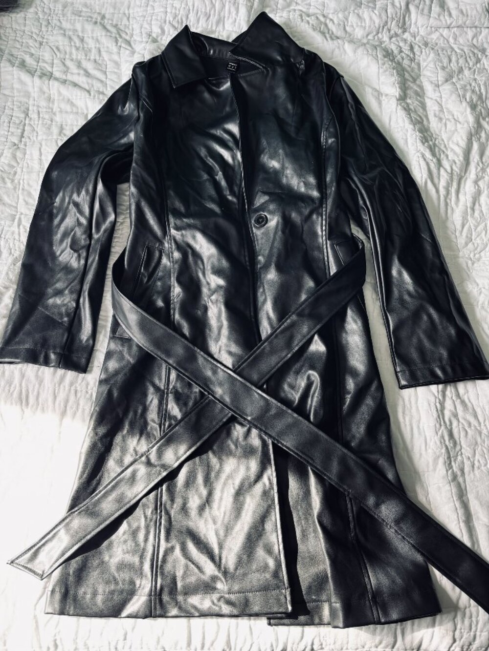 Lypobala Black Leather Long Trench Coat Size M